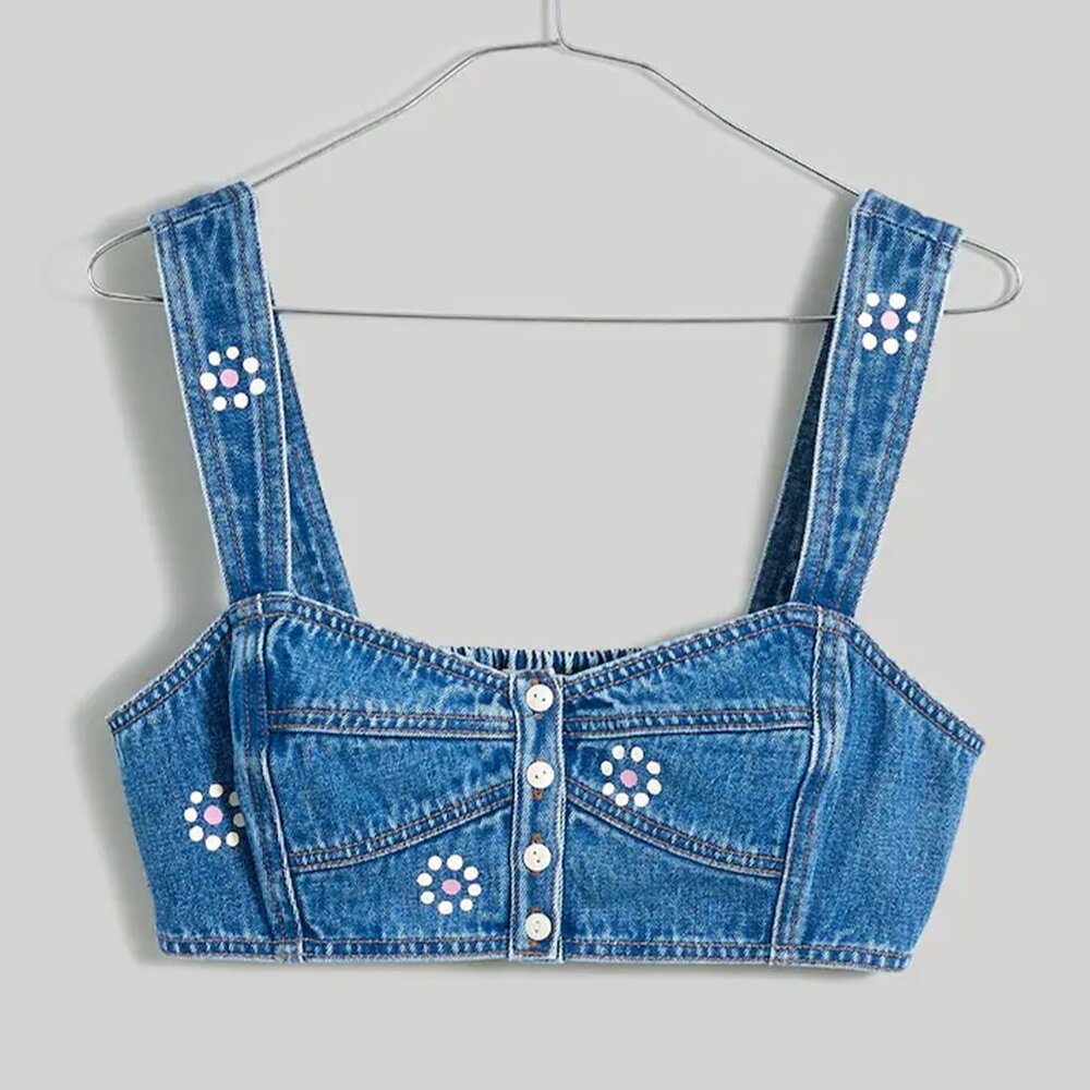Madewell Denim Crop Top Bralette with Stamped Floral Pattern Women's Size 0 NWT